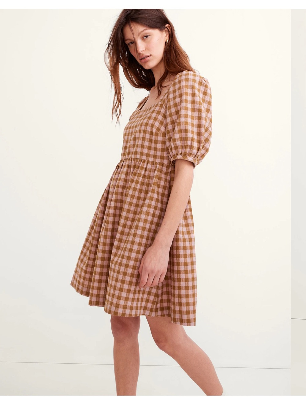 MADEWELL Square-Neck Puff-Sleeve Dress in Gingham Seersucker